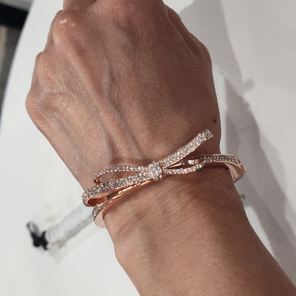 Kate Spade Love Notes Rose Gold Tone Pave Crystal Bow Hinge Bangle Bracelet